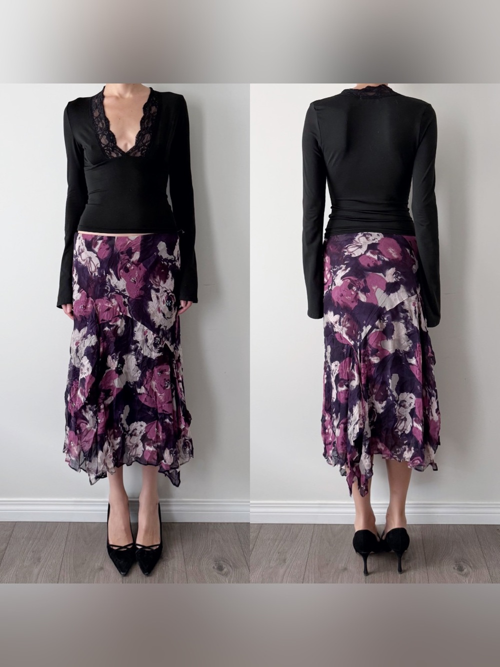 Whimsical purple floral beaded asymmetrical midi skirt